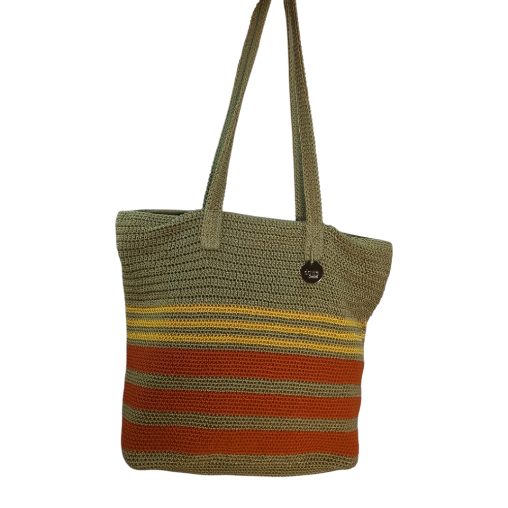DOWA Summer Crochet Tote Handbag in Earthtones:Olive, Rust & Butter Yellow